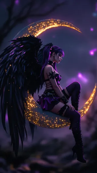 Photorealistic side view of a punk angel with large black wings and purple-black punk clothes sitting on a glowing crescent moon at night with dynamic lighting and a blurry background.