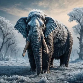 A majestic ancient mammoth loxodon elder covered in frost standing in a frozen, misty landscape with frost-laden trees and grass.