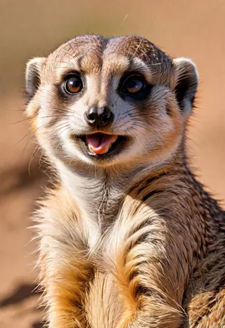 Close-up of a meerkat showing full jowls, with expressive eyes and detailed fur texture in natural light.