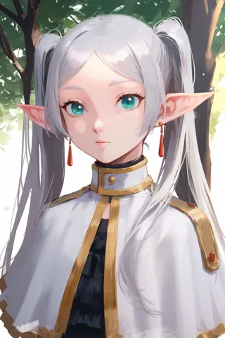 Portrait of a young elf girl with white twin-tail hair and striking turquoise eyes, wearing a white and gold cloak, standing outdoors in a forest setting with soft cinematic lighting.