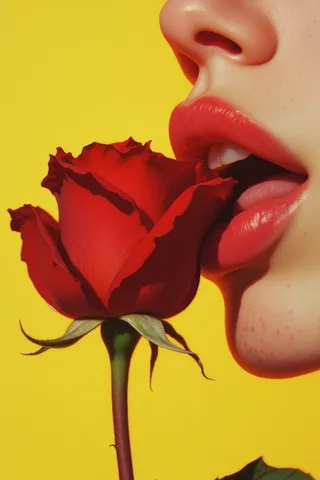 Close-up of a person's lips with glossy red lipstick gently holding a fresh red rose against a bright yellow background, showcasing freckled skin.