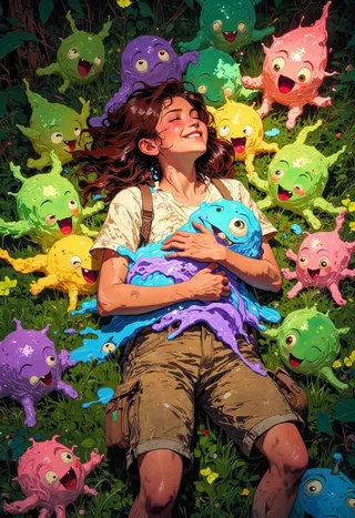 An adventurous traveler lying relaxed in a sunlit lush meadow, surrounded by vibrant and joyful colorful slime monsters in various playful poses, holding a glowing blue slime.