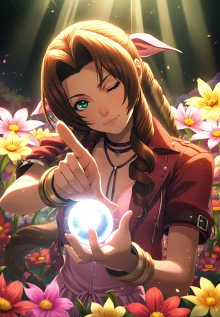 Close-up of Aerith Gainsborough from Final Fantasy VII winking and holding a glowing white orb surrounded by multicolored flowers and light rays.