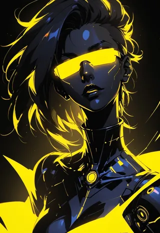 Portrait of a newage cyborg spacegirl in yellow-black silhouette art style with vibrant flowing hair and glowing yellow visor across eyes