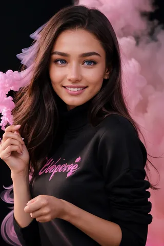 Close-up portrait of a brunette woman with striking blue eyes wearing a black sweatshirt, smiling at the viewer with pink volumetric smoke and lens flare in the background.