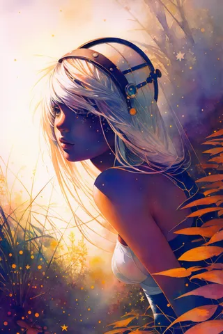 A stylized watercolor painting of a girl with long white hair wearing a headpiece, surrounded by dense vegetation, illuminated by warm sun rays, with the Pisces constellation visible in the foggy background.
