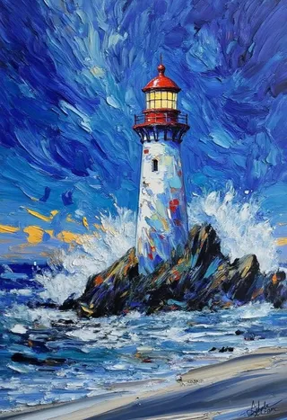 Impasto oil painting of a lighthouse on rocky shore with vibrant blue swirling night sky, crashing waves, and warm glowing lighthouse light.