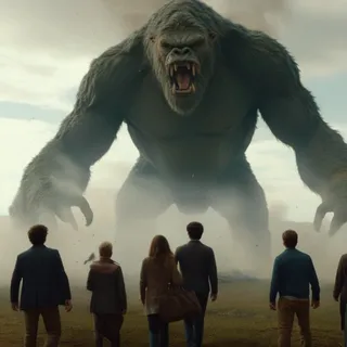A large, disintegrating giant monster aggressively attacking a group of people standing on an open field, captured in sharp detailed Kodak Motion Picture Film style.