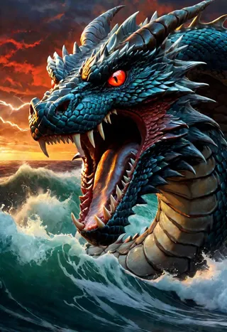 Close-up of a blue-scaled dragon with red eyes and sharp teeth emerging from stormy ocean waves during a vibrant sunset with lightning in the dark clouds.