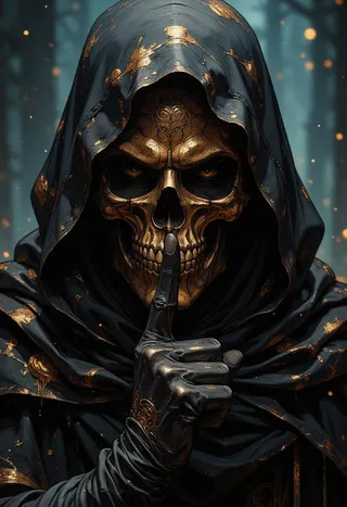 Close-up of a mysterious figure with a golden engraved skull wearing a weathered dark hooded cloak, raising a gloved finger to lips against a moody bokeh background.