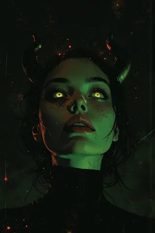 Surreal minimalist portrait of a gothic woman with glowing green eyes and devil horns against a dark background with neon glow accents.