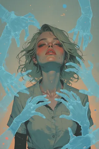 Digital artwork of a contemplative woman in anime style surrounded by translucent ghostly blue hands reaching towards her, conveying vulnerability and tension.