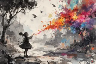 Young girl in black-and-white world holding a magical paintbrush, creating vibrant watercolor colors that transform the monochrome environment with trees, birds, and a colorful road.