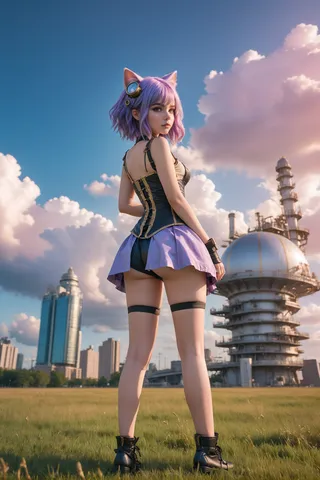 A full-body portrait of a steampunk catgirl with purple hair and sunset highlights standing on a grassy field with futuristic architecture and blue sky background.