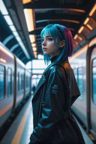 A cyberpunk woman with blue and purple hair wearing a black leather jacket stands in a brightly lit, modern train station with cinematic lighting and hyperrealistic detail.