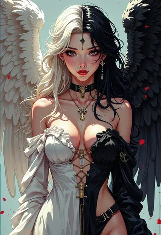Split digital artwork of a female angel with one half in a white gown and platinum hair, the other as a fallen angel in black bodysuit with black hair and wings.