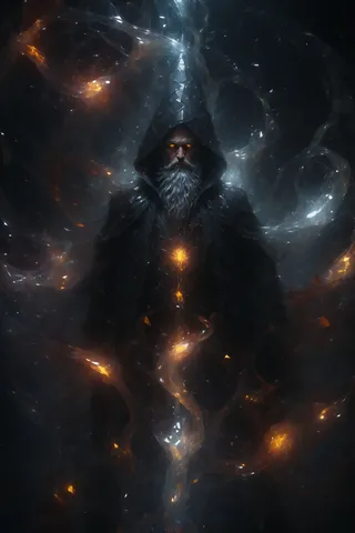 A dark fantasy fire wizard formed of shattered glass shards with glowing fiery eyes, wearing a glass wizard hat and robes surrounded by smoky glowing orange flames.