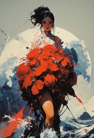 An avant-garde Asian woman in a voluminous red gown inspired by flower petals stands dramatically against a background featuring a Hokusai-style Japanese ink wave, blending fashion and traditional art.