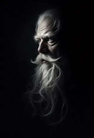 Portrait of Santa Claus with one side of his face dimly lit and the other in deep shadow, showcasing a mysterious expression and flowing white beard.