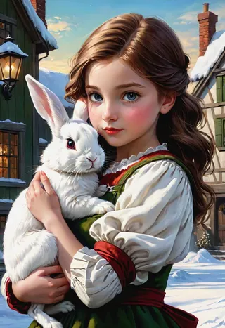 Close-up digital painting of a little girl with blue eyes holding a white rabbit, dressed in traditional attire, set in a snowy village background during winter sunset.