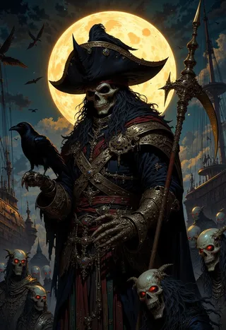 Dark fantasy pirate with a skull face wearing ornate armor and a massive hat, holding a scythe with a raven perched on his hand, surrounded by eerie zombie-like figures in front of a glowing full moon.