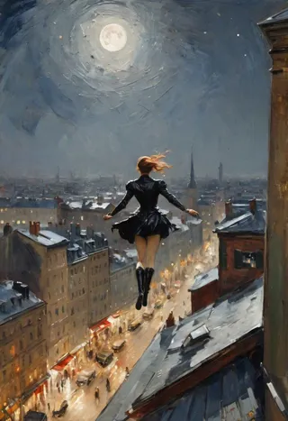 Impressionist painting of Batwoman in a midnight starry costume standing high above a dystopian city street under a moonlit sky with sharp shadows.