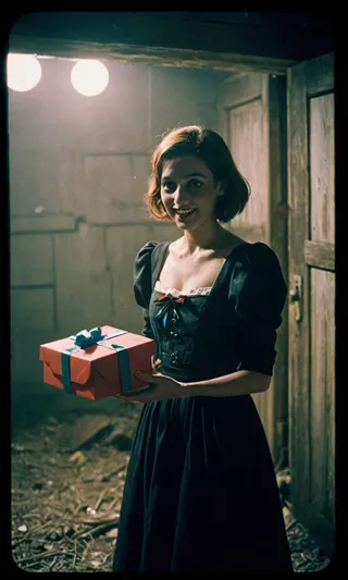 A woman in a vintage black dress holding a wrapped gift box in a dimly lit dungeon-like room with cinematic film grain effect.