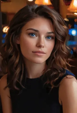 Close-up portrait of an attractive woman with wavy brown hair and radiant blue eyes, wearing an elegant black dress seated in a warmly lit restaurant.