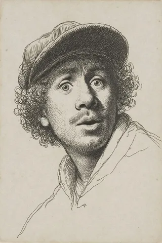Black-and-white etching of a man with curly hair wearing a cap showing a surprised expression, drawn in detailed linework and cross-hatching.