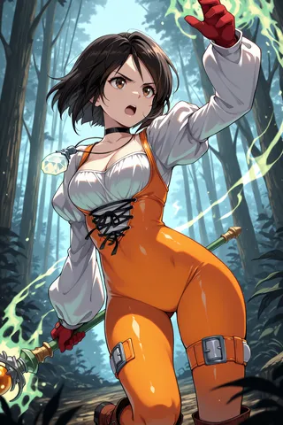 A determined woman with black hair wearing an orange cross-laced bodysuit, red gloves, and a black choker, casting green magic in a forest while holding a staff.