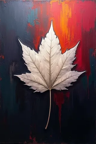 A pale dead leaf is placed prominently over a high contrast colorful abstract painting featuring bold oil brush strokes with dramatic shadows and highlights.