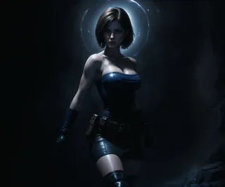 Jill Valentine from Resident Evil wearing a strapless blue tube top, black skirt, gloves, and knee-high boots in a dark fantasy eerie setting with blue light particles.