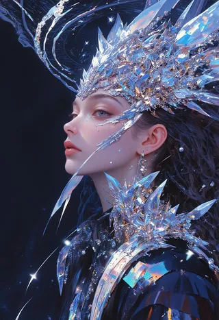Close-up portrait of a woman wearing an intricate crystal headpiece with sharp, angular shapes and futuristic design, featuring a dark background with sparkling reflections.