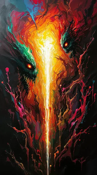 A swirling vortex of deep crimson and burnt sienna with jagged shards of emerald green and electric blue, featuring monstrous distorted faces glowing with fiery eyes around a piercing yellow-white light.