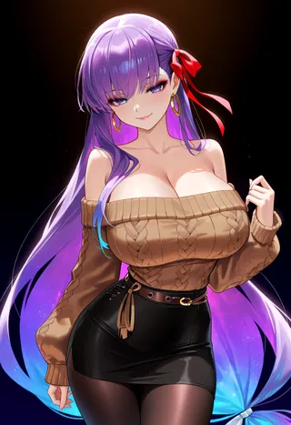 Anime-style girl with long purple gradient hair tied with a red ribbon, wearing a brown off-shoulder aran sweater, black pencil skirt, pantyhose, and hoop earrings against a dark background with volumetric lighting.