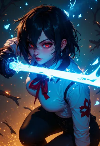 Anime style woman with short black hair and red eyes wielding a glowing blue katana surrounded by sparks and embers in a dark, high contrast background.