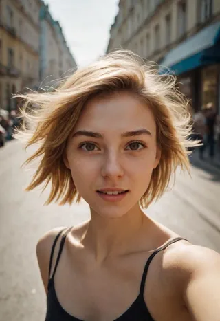 Ultra-realistic selfie of a 23-year-old woman with short dark blonde hair and a nostalgic expression, captured in motion with motion blur on a sunlit street in Kiev.