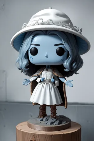 Blue skin doll figure with wavy hair, cracked skin details, wearing a white dress, wide hat, and a cloak, standing on a wooden and stone base.