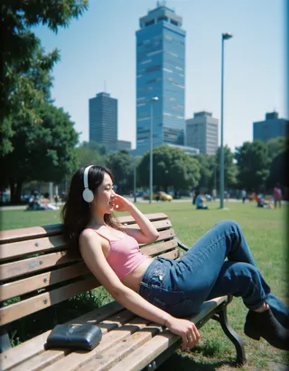 A Japanese woman in 1980s casual attire lounges on a wooden park bench wearing white headphones with a Japanese urban skyline in the background under a bright blue sky.