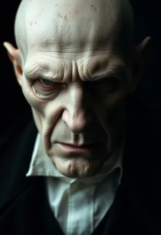 Ultra realistic headshot of an old Nosferatu vampire with pale skin and dramatic lighting against a simple black background, wearing a black coat.