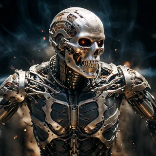 Ultra-detailed biomechanical cyberpunk skeleton with a metallic skull and glowing red eyes, showcasing human-machine fusion and intricate cybernetic details.
