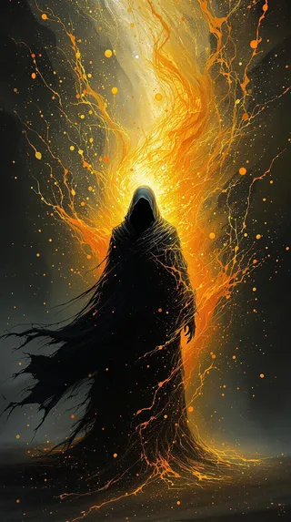 A dark cloaked figure standing in a fiery vortex of golden-orange splatter and sparks, with dynamic flowing cloak and ethereal silhouette in impressionistic style.