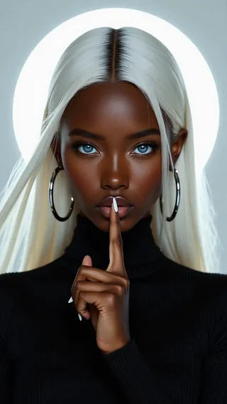 Portrait of a black woman with glowing blue eyes, long white hair, silver hoop earrings, and a white halo behind her head, wearing a black ribbed turtleneck and posing finger to mouth.