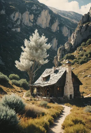 A rustic cabin with a stone chimney stands in the rugged French countryside, surrounded by narrow valleys with white trees and dense brush under soft natural light.