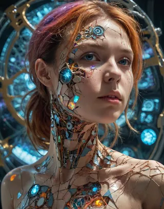 A beautiful girl with fragmented, fractal skin revealing mechanical clockwork and cosmic filaments beneath, with vibrant rim lighting.
