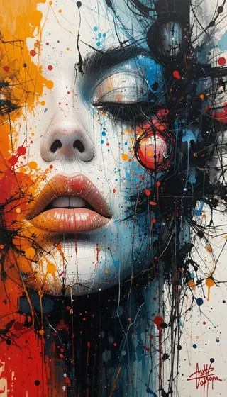A closeup abstract portrait of a face featuring expressive brush strokes, tricolor ink splashes in orange, blue, and black with high contrast and emotional intensity.