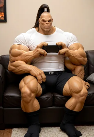 A huge muscular male with four arms and three fingers on each hand, wearing a white shirt, black shorts, and black socks, sitting on a couch and holding a game controller while relaxing.