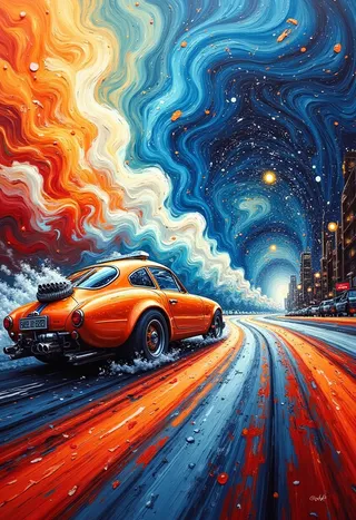 A vibrant orange car driving on an urban street surrounded by swirling colors of orange, blue, and white, rendered with textured brushstrokes and a vivid acrylic painting style.