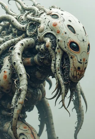 Close-up side profile of an intricate and realistic horror creature with tentacles, designed in the style of H.R. Giger, featuring a mechanical and organic blend with abstract details.