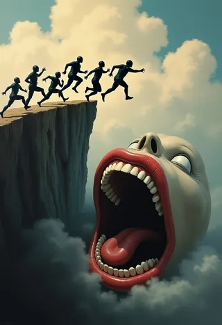 Dark humanoid silhouettes jump off a cliff into a giant floating mouth with red lips and sharp teeth amidst cloudy sky.